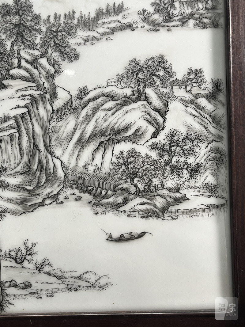 民国  墨彩刻瓷山水图插屏 - 图8